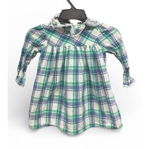 The Oaks Apparel Girls 2T Blue and Green Plaid Flannel Smocked Ruffle Dress